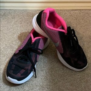 Hot Pink and Black Nike Revolution 3 Shoes Size 4Y